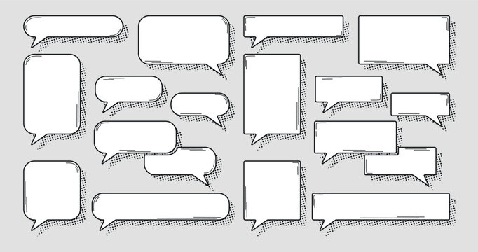 Large set of white speech bubbles with black outline and halftone dot shadow in comic style