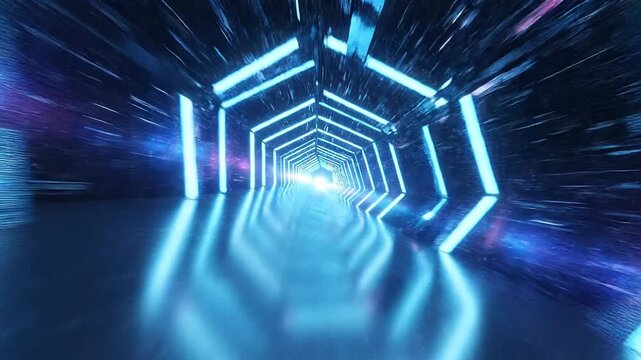 Cinematic high-speed flight through futuristic neon blue hexagonal digital tunnel, sci-fi technology background loop for virtual reality cyberspace concept.