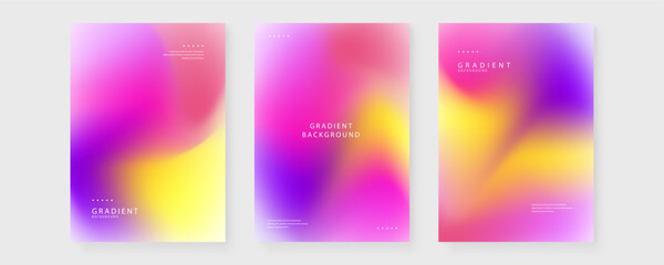 Fototapeta premium Collection of three modern abstract gradient posters featuring a bold and vivid mix of yellow magenta and deep purple colors