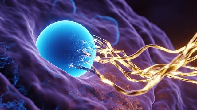Cinematic medical animation of mRNA lipid nanoparticle merging with human cell, biological gene therapy delivery system concept.