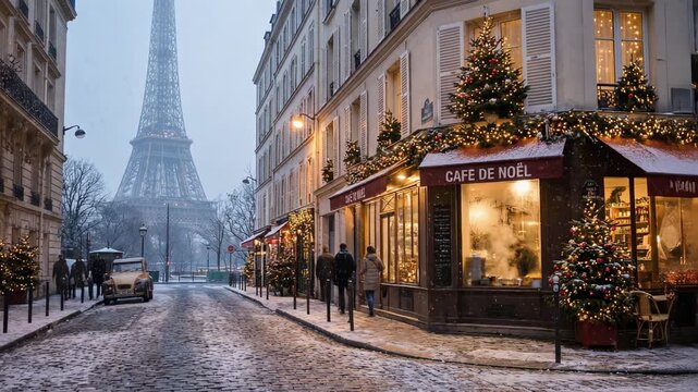 Winter evening in Paris with Eiffel Tower and festive Christmas decorated street and cafe