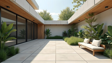 Minimal Courtyard with Wooden Bench under Natural Light
