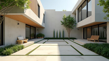 Minimal Courtyard with Wooden Bench under Natural Light
