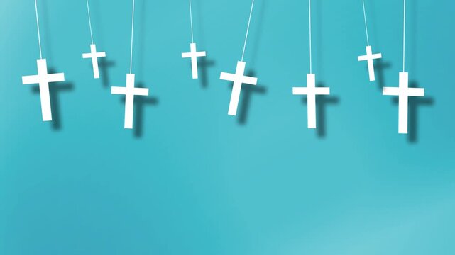 Religious cross necklace, White Crosses Flutter Sway abstract backdrop 4K with blue background seamless Loop good Friday concept art copy space