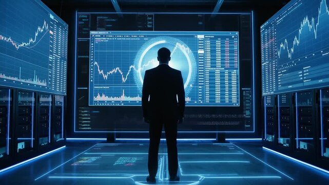 Businessman analyzing stock market data on futuristic digital screens with financial charts and graphs