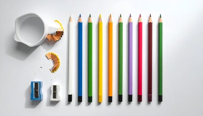 Row of colorful pencils with sharpener, shavings, and a small white cup