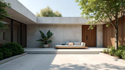 Minimal Courtyard with Wooden Bench under Natural Light
