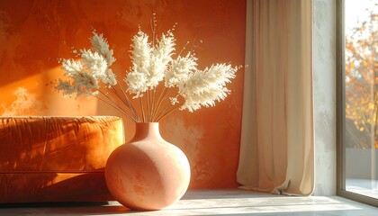 Cozy interior scene with orange wall, vase, flowers, and window