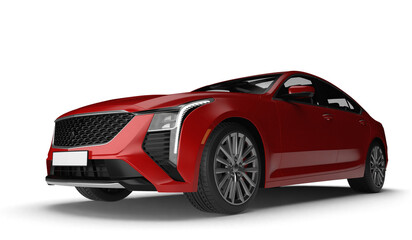 Photorealistic 3D render of a sleek modern red sedan car in front left quarter view isolated on transparent background