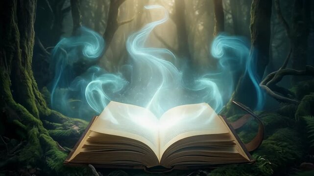 Open magical book glowing with mystical light in enchanted forest with swirling blue smoke