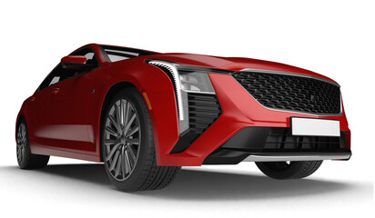 Photorealistic 3D render of a sleek modern red sedan car in front right quarter view isolated on transparent background