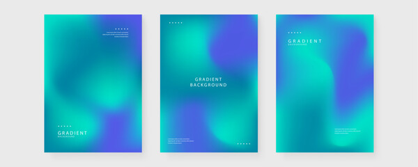 Naklejka premium Trio of minimalist posters showcasing a serene blend of teal blue and royal purple fluid gradients with clean text