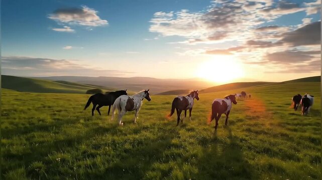 Horses Running Freely in Open Field at Sunset, Freedom and Nature Concept