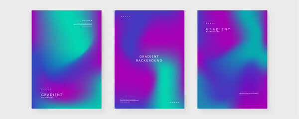 Fototapeta premium Three vertical layout posters featuring dark moody purple and teal cyan fluid backgrounds for corporate or artistic branding