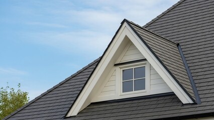 Roof with triangular attic window and dark gray shingles
