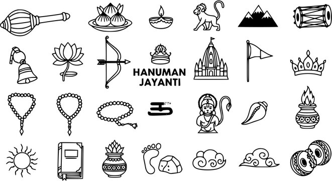 Hinduism Indian Culture Black  White Line Art Icon Set for Hanuman Jayanti Festival. Religious symbols, Lord Hanuman, temple, mace, lotus, drums, and prayer beads glyphs.