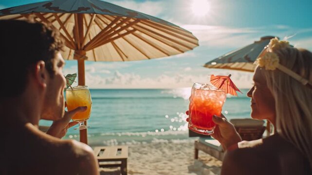 Couple clinking tropical cocktail glasses under sun umbrella