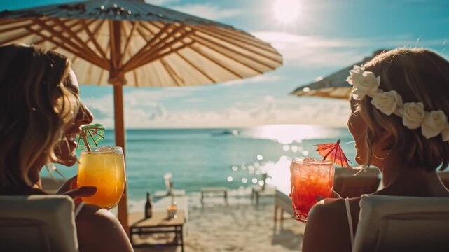 Couple clinking tropical cocktail glasses under sun umbrella