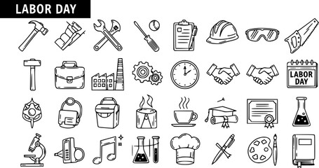 Fototapeta premium Hand-Drawn Black and White Line Art Labor Day Icons Set for Workplace, Professions, Industry, and Tools