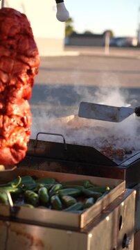 Cinematic Street Food Al Pastor Cooking on Vertical Grill