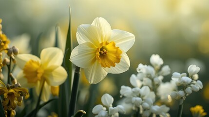 Bright yellow daffodil blossom in a garden