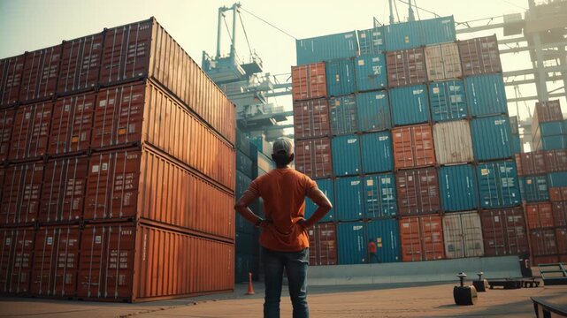 Worker Standing Amidst Shipping Containers at Port with Bright Sunlight for May Day Industrial Theme