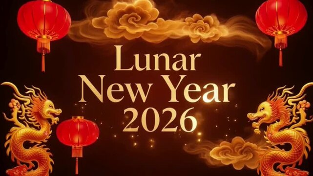 Vibrant Lunar New Year Celebration with Majestic Golden Dragons, Radiant Red Lanterns, and Auspicious Clouds on a Festive Background