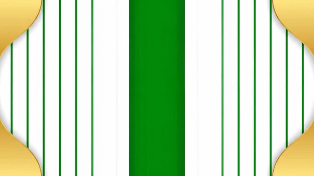 A green vertical stripe pattern on a white background with gold semicircles at the corners