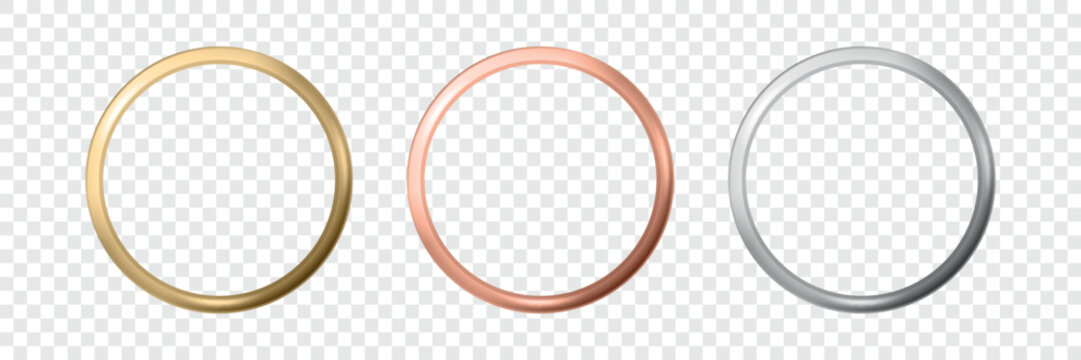 Vector 3d Metal Circle Frames Set, Isolated. Gold Ring Frame, Rose Gold Ring Frame, Silver Ring Frame for Logo, Badge, Label, Monogram, Wedding Design. Round Border