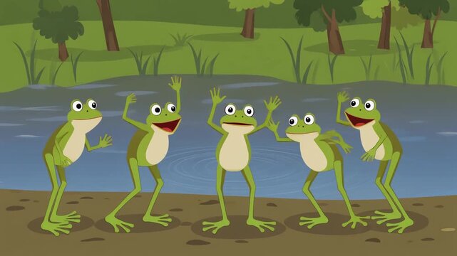 Animated frog troupe dances by lake in cartoon video.