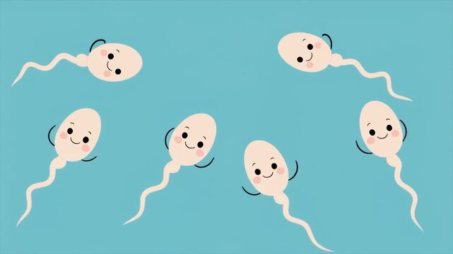 Playful Sperm Cartoon Swim in Blue Ocean Scene.