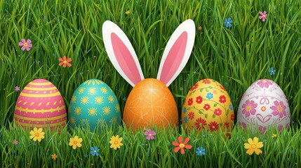 Decorated easter eggs in a grass field