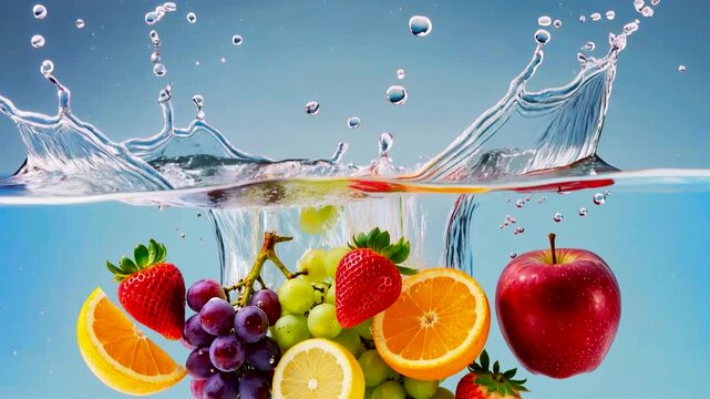 fresh assortment of sliced citrus fruits grapes and strawberries splashing into clear blue water creating a vibrant and refreshing liquid motion