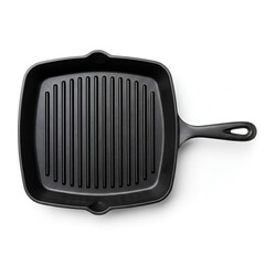 Black cast iron grill pan with handle on a white background viewed from above