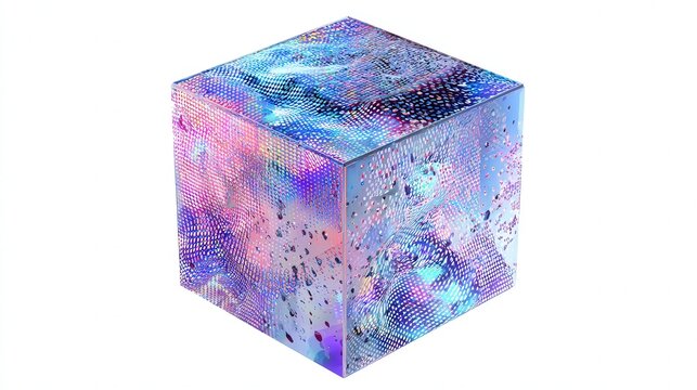 Floating holographic cube with flowing data patterns isolated on white background