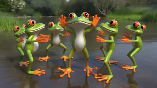 Group of animated frogs dancing in a pond scene.