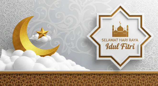 Selamat Hari Raya Idul Fitri Greeting with Moon and Mosque