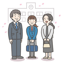 Fototapeta premium 桜吹雪の中、学校の前で笑顔の女の子の中学生・高校生と家族
