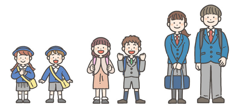 制服姿の園児、小学生、中学生・高校生の笑顔の立ち姿のセット