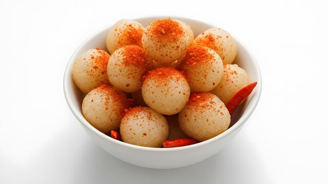 A white bowl filled with Cimol, Indonesian fried tapioca balls, topped with spicy chili powder and fresh red chilies. Isolated on a clean white background.