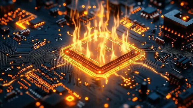 Glowing microprocessor on a circuit board with vibrant orange effects