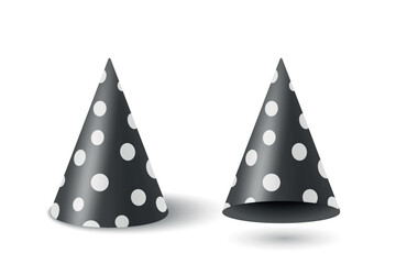 Vector 3d Realistic Black and White Party Hat Set. Glossy Celebration Party Hat for Birthday. New Year, Holiday Event, Carnival Decoration. Festive Accessory. Party Hat Illustration