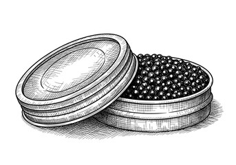 Open metal tin filled with luxurious black caviar pearls isolated on white for fine dining appetizer and wealth concept