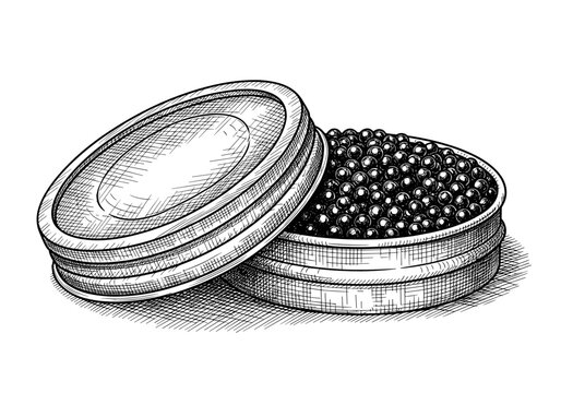 Open metal tin filled with luxurious black caviar pearls isolated on white for fine dining appetizer and wealth concept