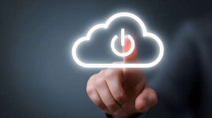 Finger Touching Glowing White Cloud Icon With Digital Power Button Symbol
