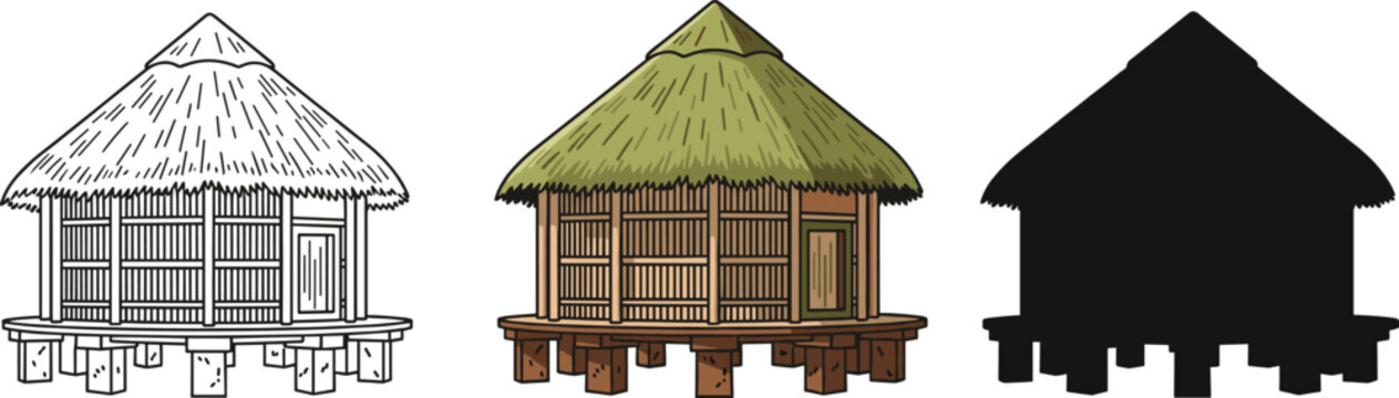 Colorful vector of a rustic bamboo house with straw roof.