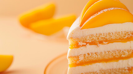 Mango cream cake slice with fresh tropical fruit