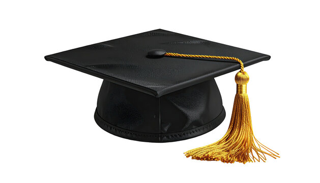 A black square graduation cap with a gold tassel on a black background