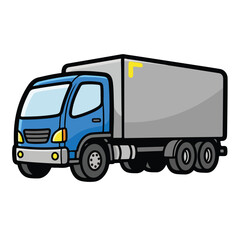 A cartoon blue and gray truck with a large cargo box