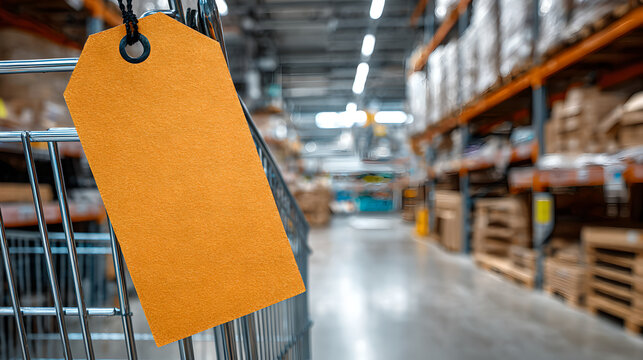 Large Blank Orange Price Tag Hanging On Shopping Cart Inside Blurred Warehouse 